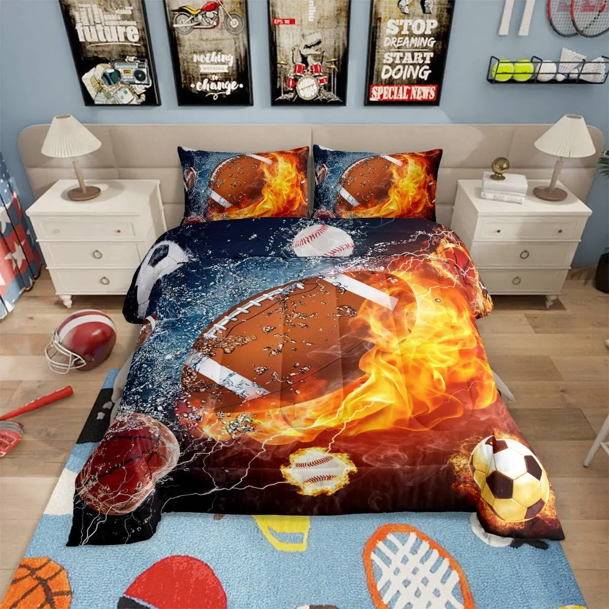 Football Comforter,Rugby Sports Bedding Set for Teen,Soccer Basketball Baseball Comforter,Red Blue Water Fire Lightning Quilt Duvet Insert