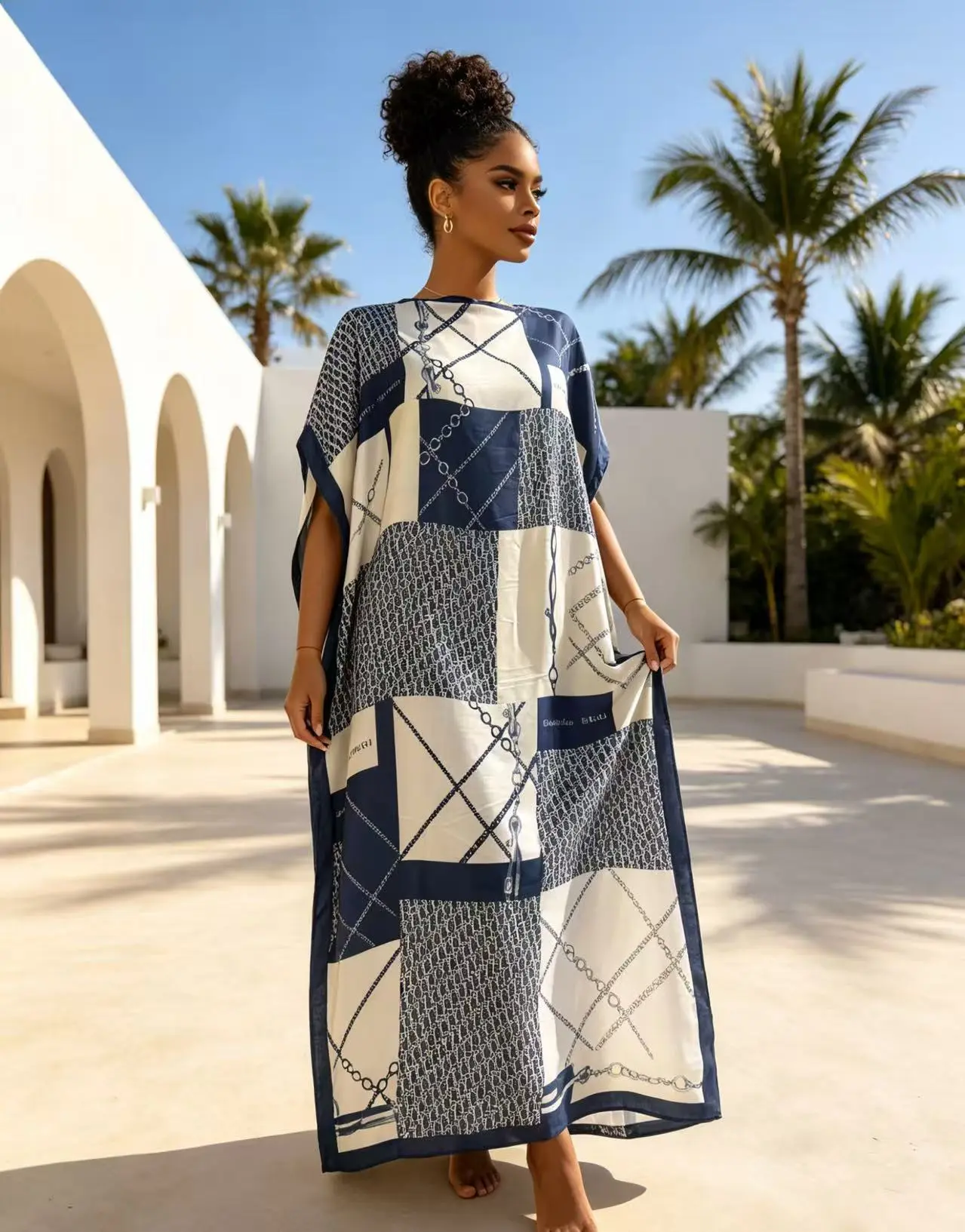 2026 New Women's 2 Piece Multicolor Geometric Print Kaftan Maxi Dress with Matching Scarf, Silky Loose Satin Robe, Plus Size Friendly, Beach Cover Up, Casual Wear, Resort Vacation & Evening Party Wear, S # moo moo and scarf semmer head wrap outdoor summer