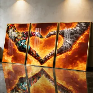 3Pcs Aluminum Alloy Framed Painting, Tattoo Hands Heart Shape Fire Art Picture, Home Decoration For Living Room, Bedroom, OfficeWall Decor, Odorless Print Artwork, Luxury Perfect Gift For Friends And Family