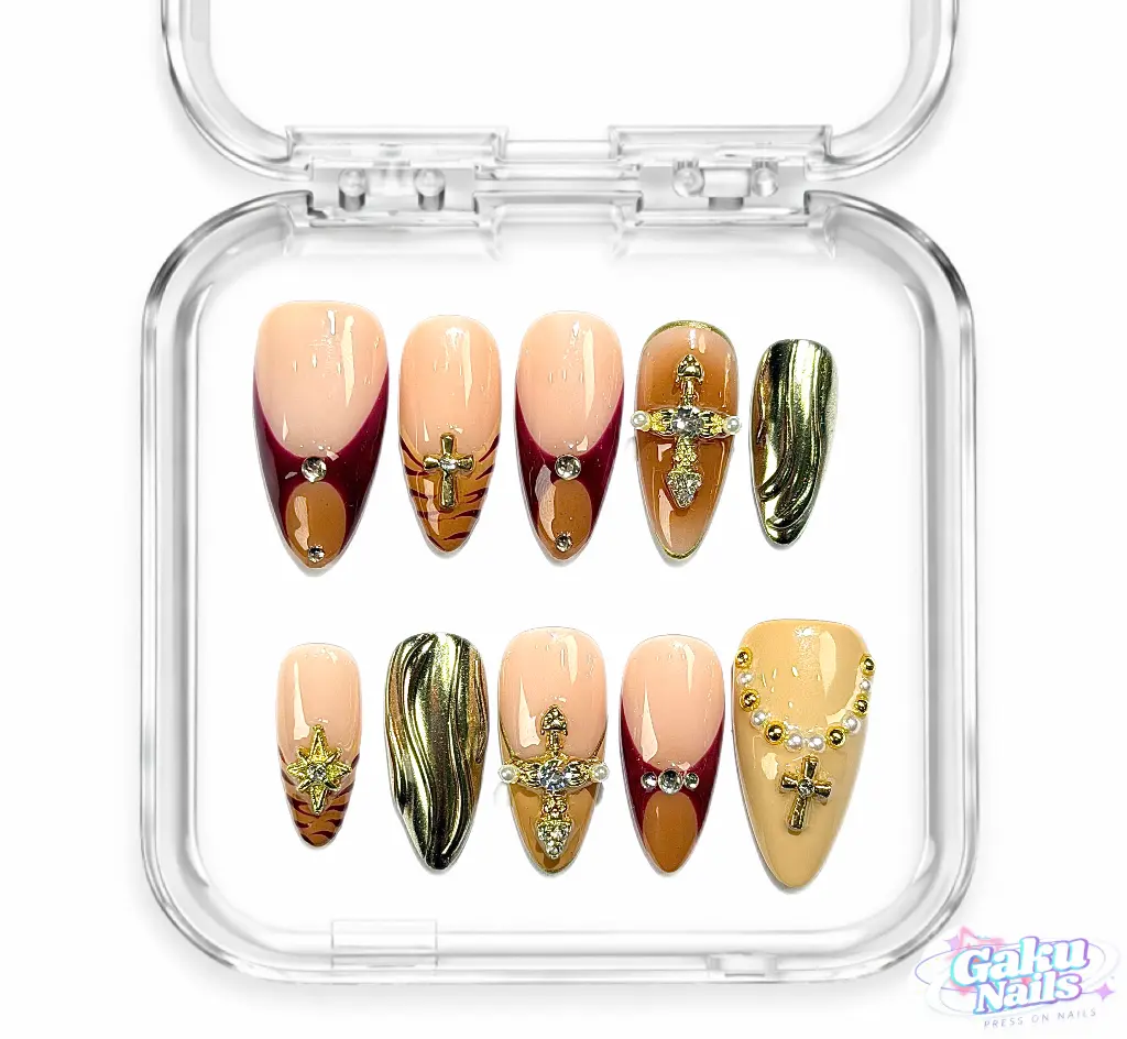 GakuNails GILDED COVENANT 10 PCS Medium Almond Handmade Press On 3D Charms Builder Gel Sacred selectable size Reusable Nails