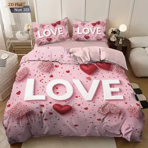 3pcs Pink Love Heart Pattern Duvet Cover Set, Bedroom Bedding Set, 2D Flat Print, Includes 1 Duvet Cover & 2 Pillowcases, Excludes Duvet & Pillow Inserts, Soft Comfortable, Washable Covers, For Bedrooms, Hotels, Valentine'S Day Gift, Comfy Bed Sets