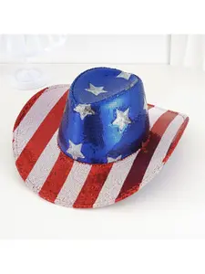 Sequin Striped Beaded Star Cowboy Hat, Casual Fitted Hat for All Seasons, Perfect for Independence Day and National Day