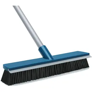16-Inch 2 in 1 Outdoor Push Broom with Rubber Squeegee and 58" Long Handle, Stiff Bristles Commercial Broom Brush for Deck Patio Garage Warehouse Driveway Concrete Floor Cleaning Scrubbing