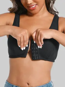 Front Closure Ribbed Bra Wide Strap Push Up Support Wireless Easy On Off Comfortable Women's Underwear