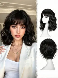 14 Inch Shoulder Length Short Wavy Bob Wigs for Women, Natural Look Synthetic Wavy Hair Wig with Bangs, Heat Resistant for Daily Wear