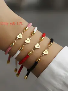 Fashion Heart Initial, Stainless Steel Jewelry for Women, Fashion Classic Adjustable Rope Heart Charm Bracelet for Women & Girls
