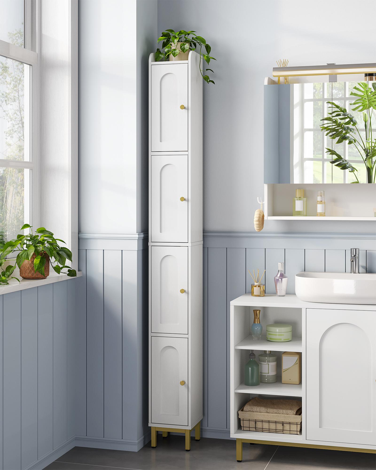 Hzuaneri 4-Tier Narrow Tall Interior Storage Cabinet, 7.9x7.9x70.9" Slim Bathroom Floor Unit with 4 Adjustable Feet, Shelves & Compartments, Space-Saving Organizer for Small Bathrooms, Kitchen, Interior Storage Furniture