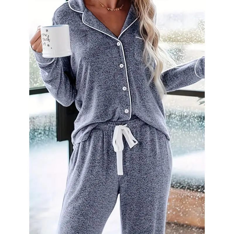 Women's 2-Piece Cozy Cotton-Polyester Blend Loungewear Pajama Set - Long Sleeve, V-Neck Button-Up Top, Belted Tailored Fit Elastic Waistband Pants, Non-Transparent, Casual for Spring/Fall (Raincoat Gift Included)