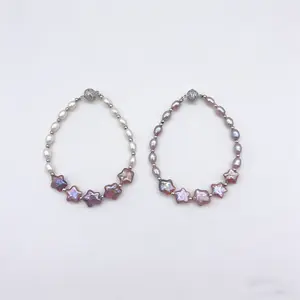 Baroque Pearl Bracelet with Star & Rainbow Pearls Stainless Steel Fresh Water Pearl Minimalist Dainty Designer Bracelet for Women 7-9 Inches