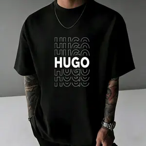 Men's T-Shirt Easter Hugo Pattern With Repeating Text Design Comfortable And Versatile 230g  shirt Outdoor Casual Short Sleeve High-Quality Print