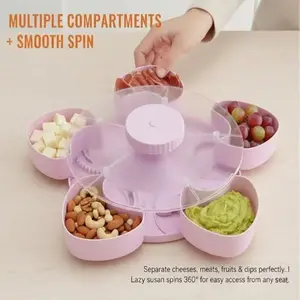 Rotating Divided Serving Tray with Spinning Lid, Multi-Compartment Food Organizer, Portable Travel Snack Box, Ideal Hostess Gift