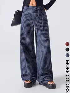 Women's Plaid Print Casual Loose Wide Leg Pants, Fitted Style, All Seasons Wear, Simple Fashion Design, Comfortable and Stylish