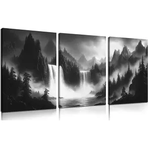 Foggy Forest Wall Art for Living Room - Mountains Canvas Wall Art for Office - Black and White 3 Piece Wall Decor Size 12" x 16"