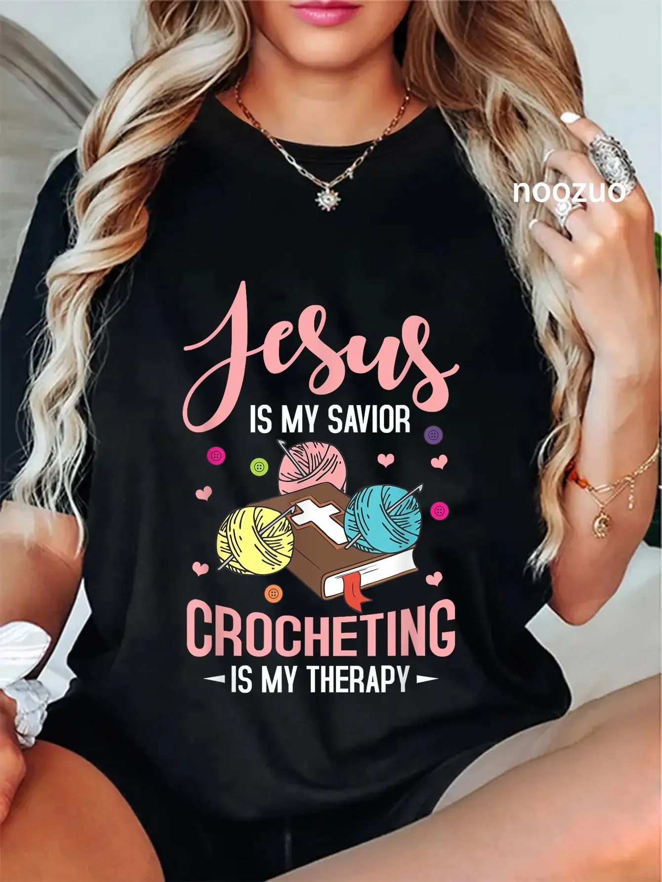 100% Cotton "Jesus Is My Savior, Crocheting Is My Therapy" Funny Crochet T-Shirt Christ Christian Tops
