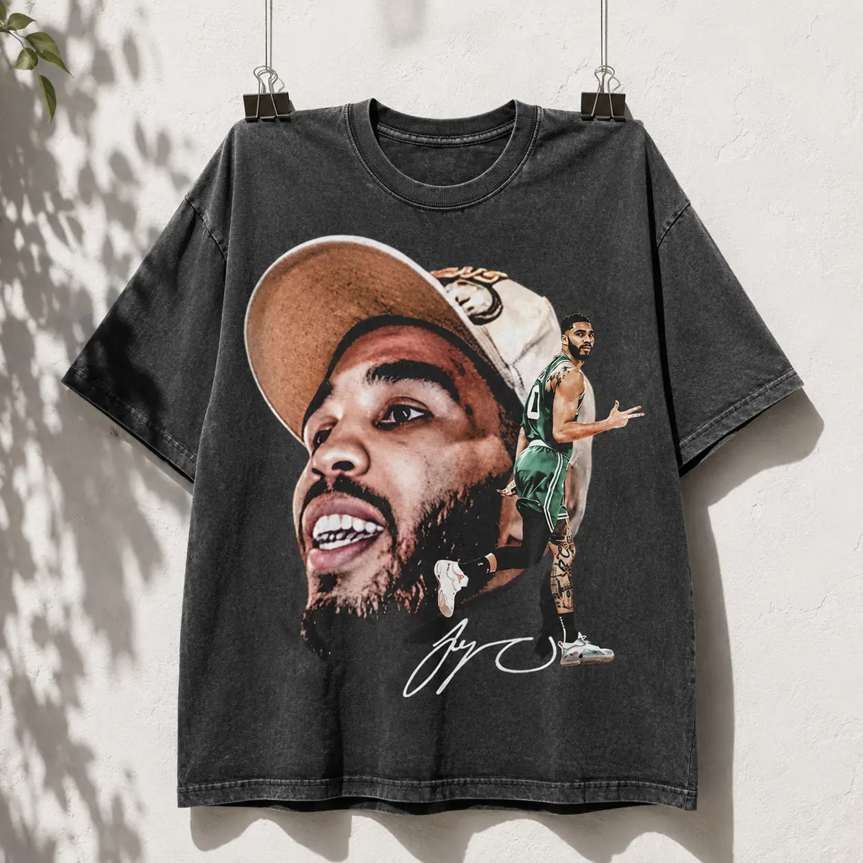 Vintage Jayson Tatum Graphic T-Shirt, Charcoal Washed Oversized Basketball Tee, Retro Boston Basketball Streetwear Shirt, Iconic Player Portrait Graphic Top for Game Day, Basketball Fans & Everyday Casual Style