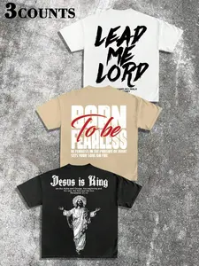 Men's Jesus Is King Letter Print Short Sleeve Graphic Tee, Regular Fit Casual Round Neck T-shirt for Summer, Men's Top for Daily Wear, Tropical, Casual Letters Print, Casual Graphic Design