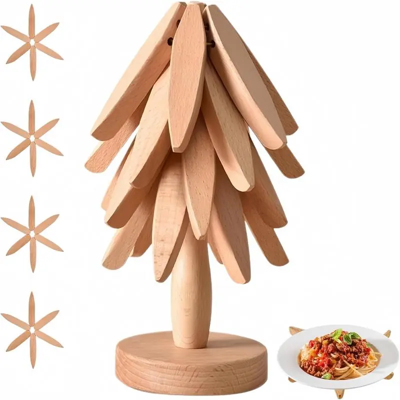 4-Piece Walnut Solid Wood Foldable Christmas Tree Trivet Set with Stand - Heat-Resistant Aesthetic Tableware for Hot Dishes, Pots, Bowls, Teapots - Space-Saving Kitchen Decor, Home Dining Gift