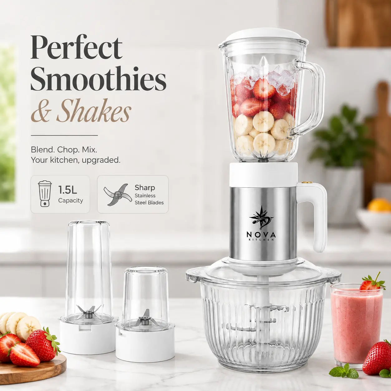 Nova Kitchen 4-IN-1 Kitchen System | Blender - Smothie - Coffe Grinder - Chopper