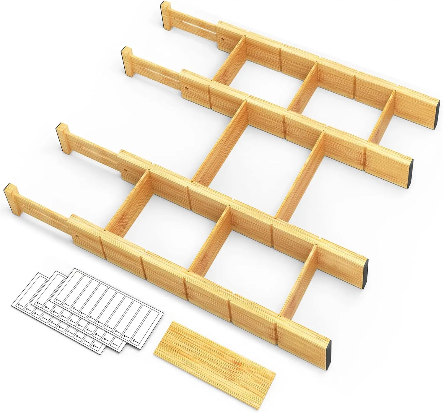 Bamboo Drawer Dividers with 9 Inserts and 30 Labels, Adjustable Expandable Kitchen Drawer Organizers, 4-Piece Set for Home, Office, Bedroom, and Bathroom