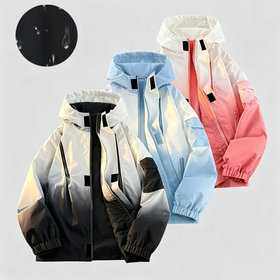 Men’s Gradient Long Sleeve Hooded Workwear Jacket - Menswear Tops, Loose Fit, Multiple Pockets, Windproof Casual Streetwear Coat