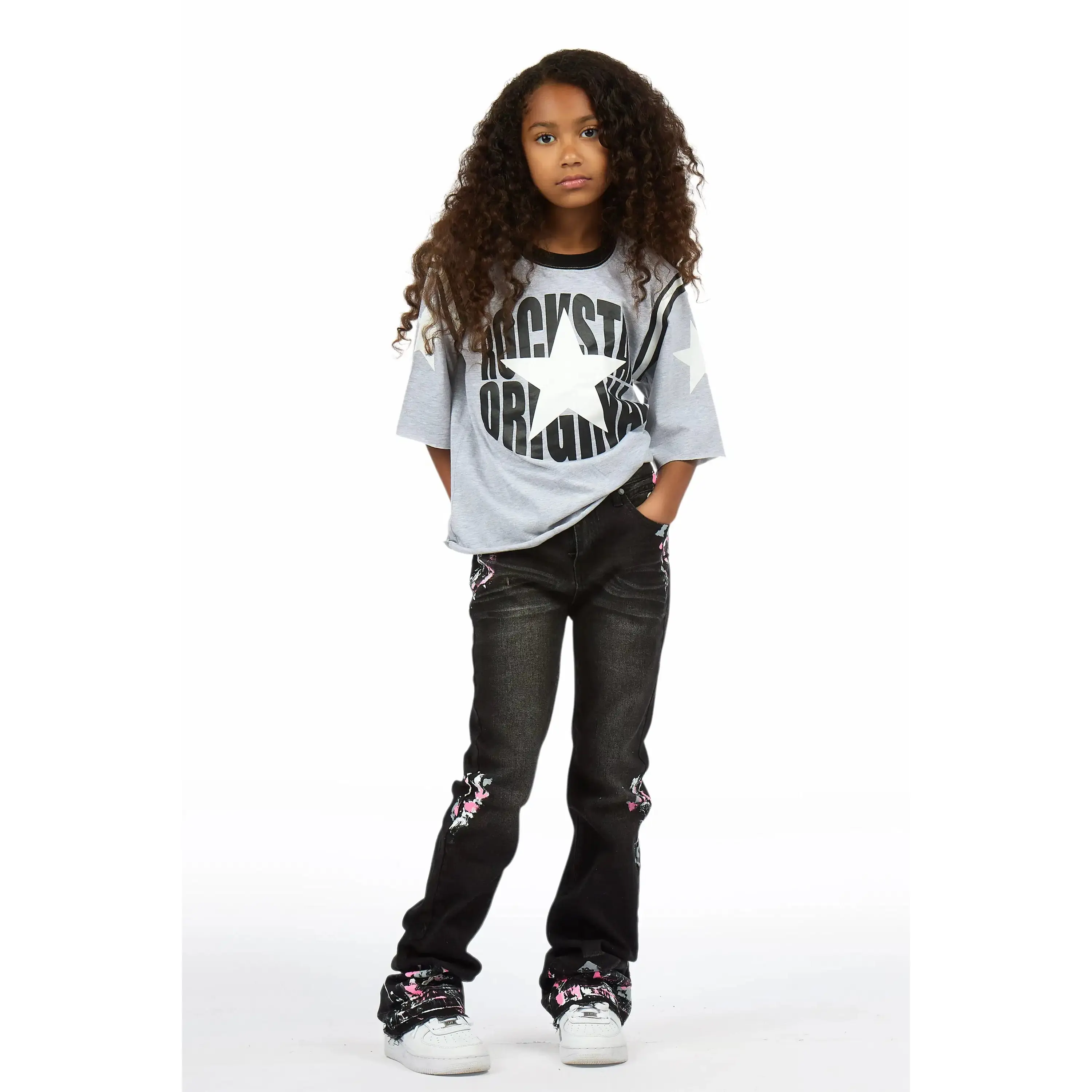 Girls Alora Grey/Dark Grey T-Shirt Stacked Jean Set Girls Alora Grey/Dark Grey T-Shirt Stacked Jean Set