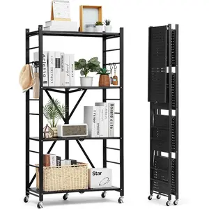 VEVOR 3 - Tier Foldable Storage Shelf, 30Wx 13Dx 36H Inch Folding Metal Rack Shelving Unit, No Assembly Organizer Shelf with 5 Wheels 4 Hooks for Pantry, Kitchen, Garage, Basement, BlackVEVOR Super Brand Day