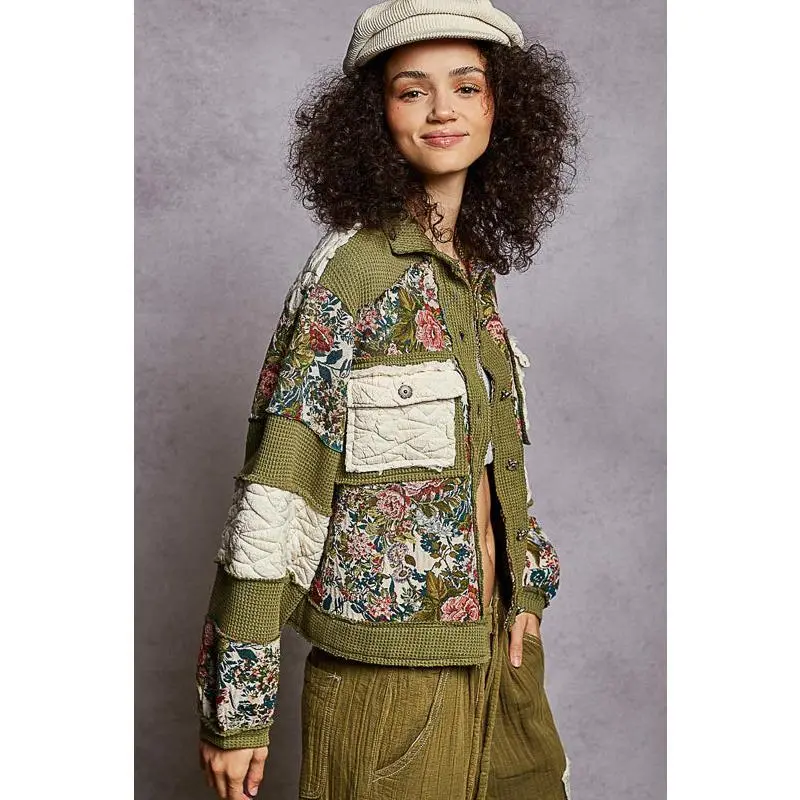 Patchwork Tapestry Shacket - Olive/Cream