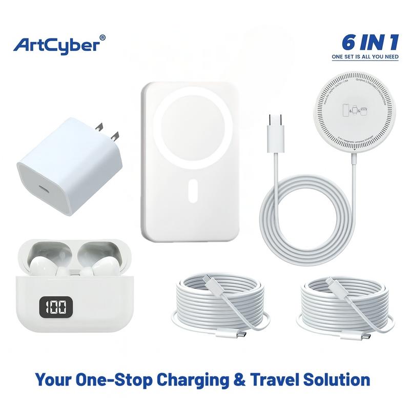 Upgraded 6-in-1 Magnetic Charging & Audio Kit – 20W Fast Charge Power Bank, Wireless Charger, Bluetooth 5.3 Earbuds, Type-C & Lightning Cables, Adapter, Enhanced Magnetic Ring, All-in-One Travel Set for Android & iOS Devices