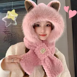 Outdoor Hat Warm Caps ‌Womens Hooded Hat Scarf Set Kawaii 3D Fox Ears Fluffy Thicken Winter Cold Weather Fuzzy Bomber Hats for Outdoor‌ Cuteness Maximizes Warmth Keeps Head And Neck Warm Playful Fox Ears