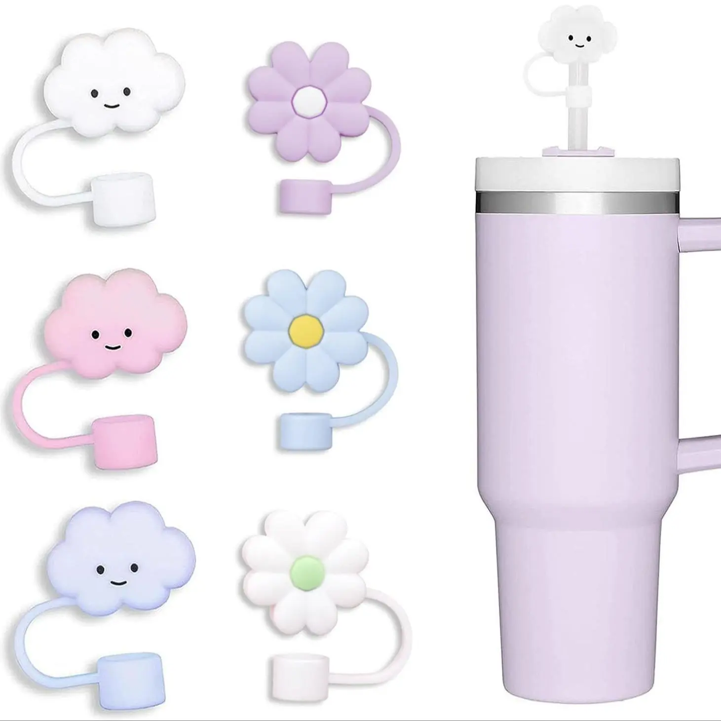 Cute Flower & Cloud Shaped Straw Cover, 6 Counts Silicone Straw Topper, Straw Toppers for Tumblers, Straw Cover for 40oz & 30oz Tumbler, Drinkware Accessories, Durable Silicone Cover