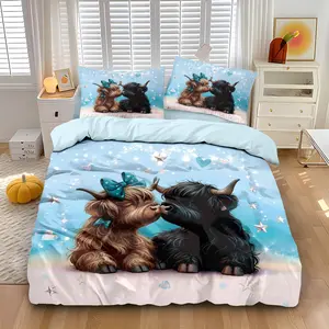3-piece set (1 quilt cover +2 pillowcases, coreless) Highland cow bow love printed quilt cover set, soft and comfortable bedding, suitable for use in all rooms, room decoration, Comfy Bed Sets, Decorative Duvet Cover, Bed Sets Supplies