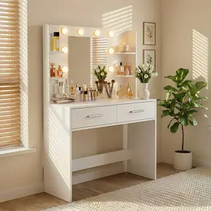 Makeup Vanity Desk with Lighted Mirror & Power Outlet, 2 Drawers 6 Storage Shelves Dressing Table with Hairdryer Holder and Stool for Bedroom