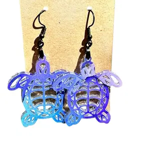Sea Turtle Acrylic Earrings - Blue and Purple Colorful Design with Unique Hollow Pattern