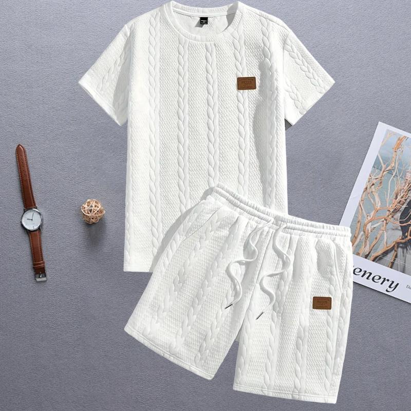 Men’s summer casual fashion set featuring a crew neck short-sleeve top and shorts, with woven texture and embossed pattern design that showcases a gentleman boyfriend style—an ideal choice for holiday gifts.