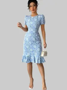 2025 Spring/Summer Women's Elegant Jacquard Floral Pink Puff Sleeve Round Neck Ruffle Hem Mid-Length Dress for Beach Night Out - Casual, Fabric