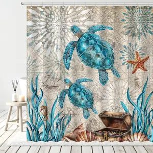 Blue Sea Turtles Nautical Shower Curtain Set, Ocean Beach Boho Bathroom Decor, Polyester Cloth Fabric Bath Curtain with 12 Hooks 72" W x 72" L