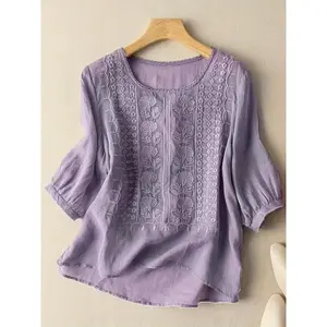 Medium-Sleeved Linen Blouse Female Embroidery Loose Literary Retro Linen T-Shirt Summer Thin Section Zen Tea Clothing Loose Female
