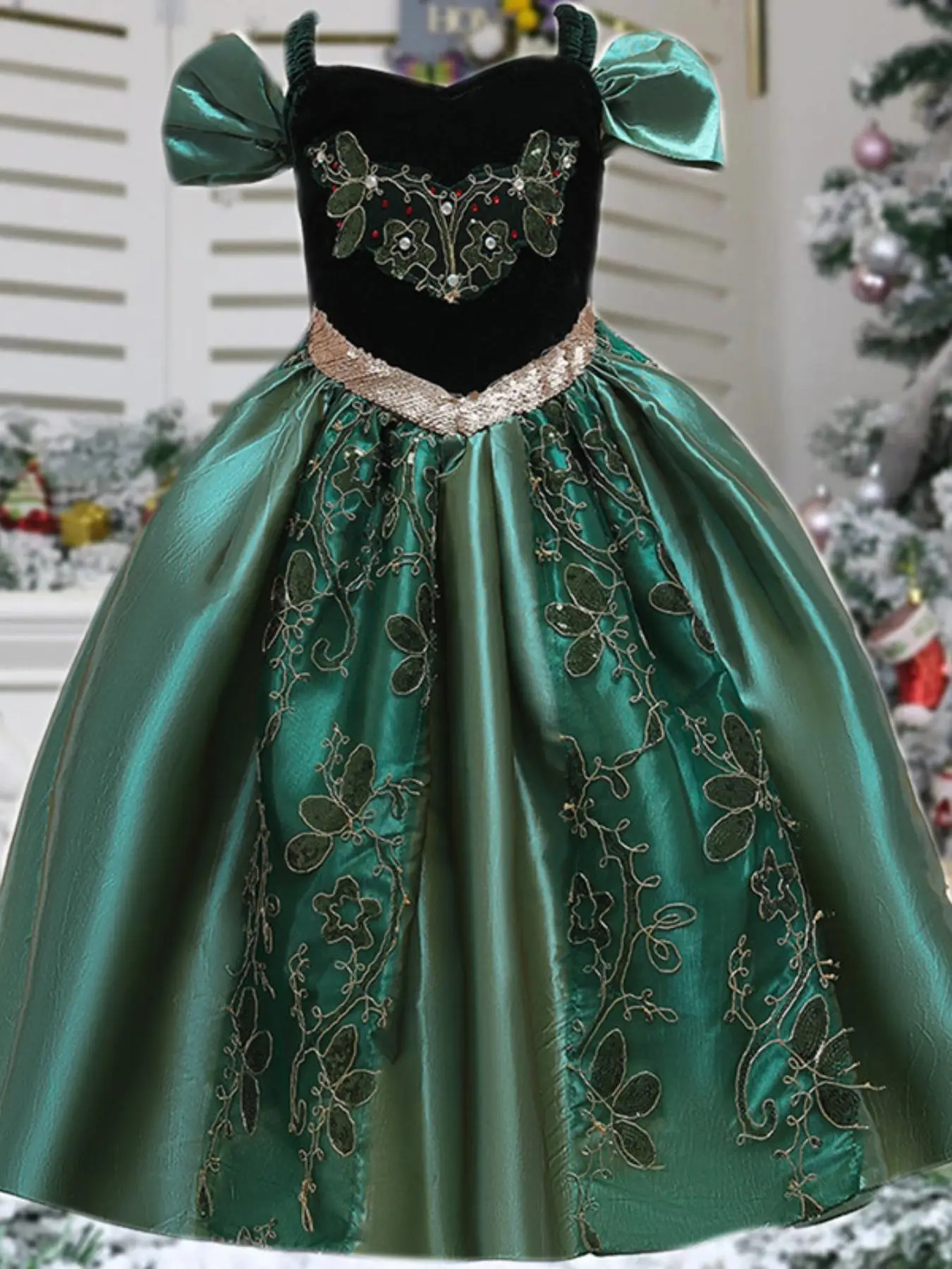 Girl's Contrast Mesh Sequin Embroidered Fit and Flare Party Dress, Elegant Colorblock Short Sleeve Dress for Party, Kids Summer Clothes