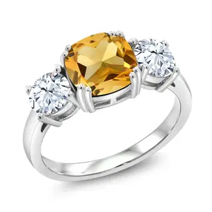 Gem Stone King 4.50 Cttw Yellow Citrine 3-Stone Engagement Ring For Women | 925 Sterling Silver | Gemstone Birthstone | Cushion 8MM | Wedding Engagement Anniversary Promise Ring For Women