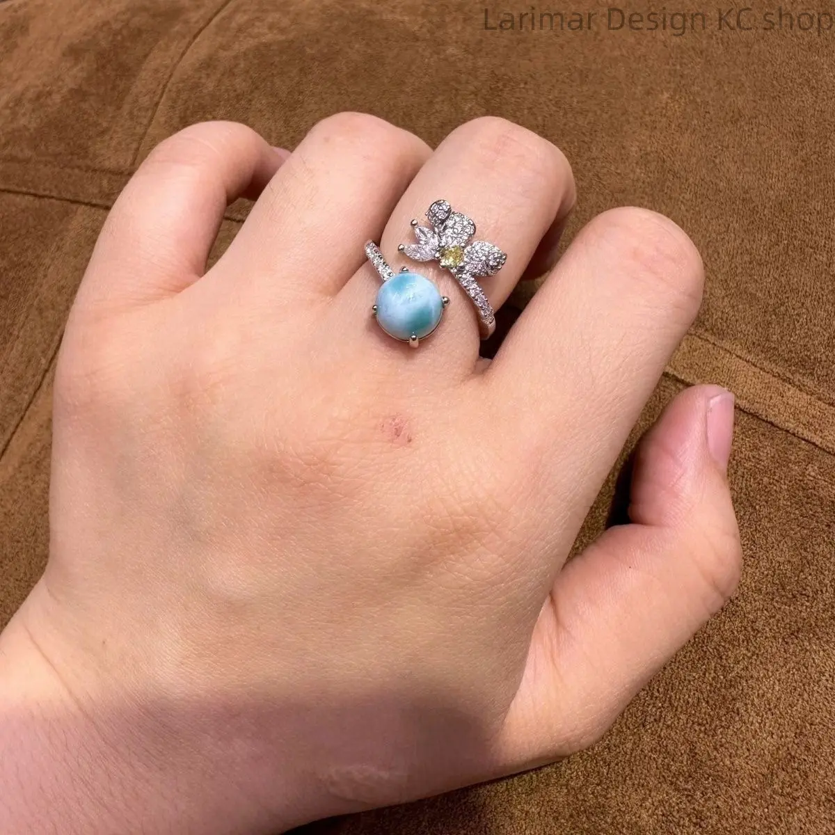 Wealth Drawing Natural Larimar Gem Ring, Dominican Larimar Ocean Pattern Crystal Ring, Prosperity Lucky Stone Statement Jewelry For Ladies Gift