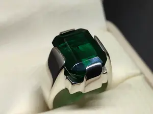 Emerald Cut Rich Green Created Emerald Mens Plain Ring Sterling Silver 925 Handmade Zamurd Minimalist Ring