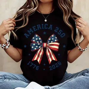 [100% cotton]America 250 Stars & Stripes Bow Print T-Shirt – White Crew Neck Casual Top, Patriotic Independence Day Shirt, 4th of July Tee for Men & Women, Unisex Cotton Summer Outfit, Red White Blue Graphic Top, Holiday Celebration Tee