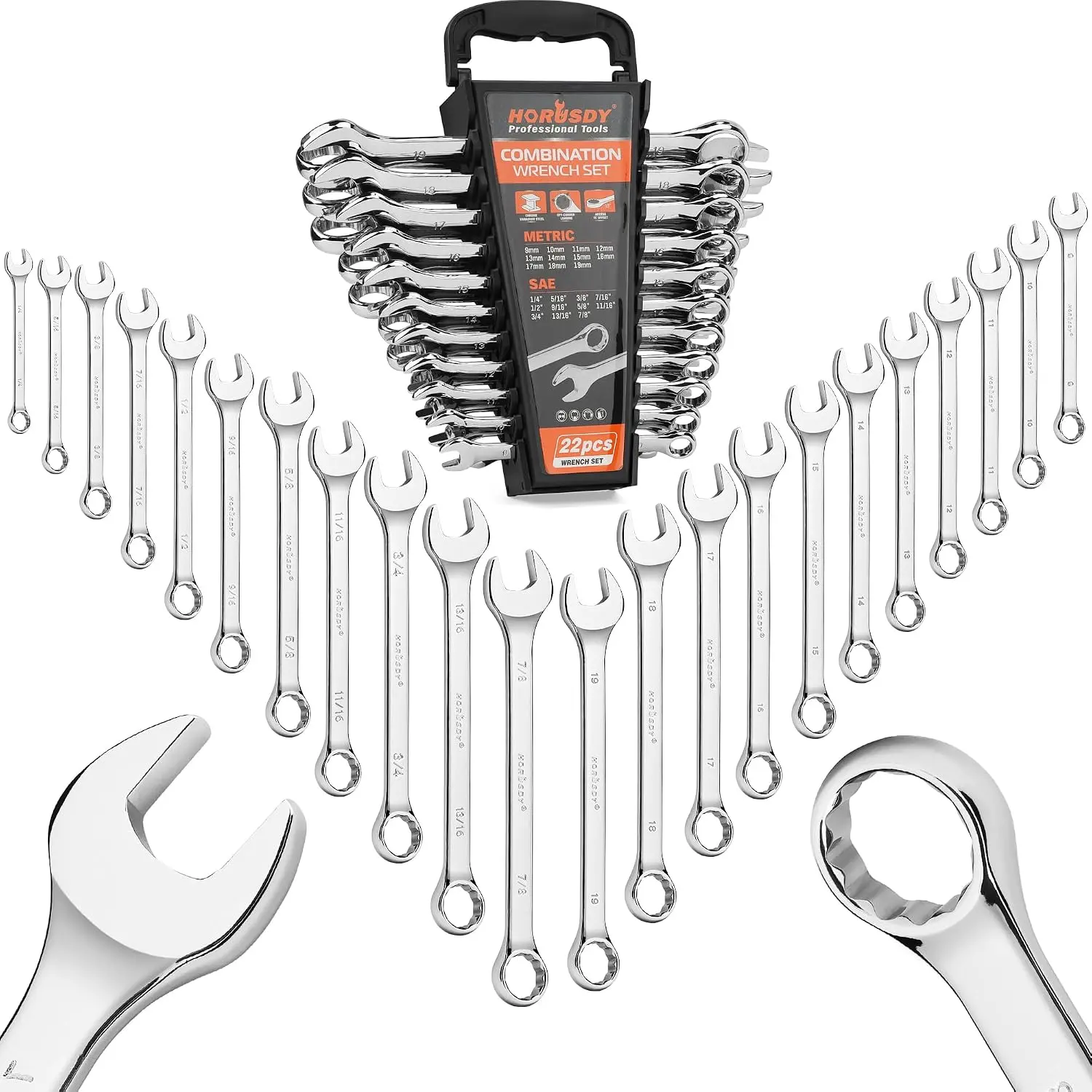 HORUSDY 22-Piece Wrench Set, Metric & SAE, 9mm - 19mm, 1/4" - 7/8", Combination Wrenches Set with Storage Rack, 12 Point Chrome Vanadium Steel