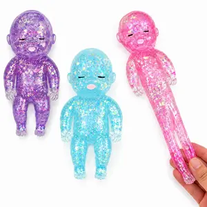 Cute Glitter Baby Doll Squishy Toy, Sparkly Soft Slow Rising Stress Ball, Stretchy Moldable Squeeze Fidget Toy, Fun Sensory Desk Toy for Daily Stress Relief & Gift