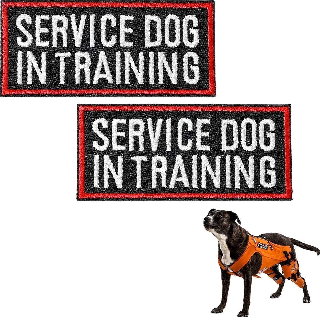 Service Dog In Training Patches, Embroidered Hook and Loop Vest Labels, Rectangular Red Border Pet Accessory, Pack of 2