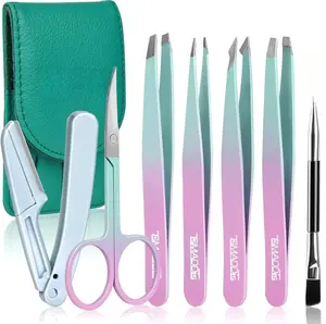 7PCS Tweezers Set for Women Facial Hair Precision Tweezer Set with Curved Scissor & Eyebrow Razor for Ingrown Hair Surgical Grade Stainless Steel Pointed Flat Slant Angled Tweezers