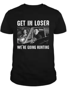Men's Supernatural TV Show Graphic T-Shirt - "Get in Loser, We're Going Hunting" Design, Casual Cotton Knit, Black with White Print, Loose Fit, Machine Washable, Perfect for Fans of Dean and Sam Winchester