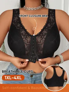 Women's Full Coverage Bra, Plus Size Lace Underwear, Soft Breathable Front Closure Bra, Thin Cup, Sexy Sheer Design