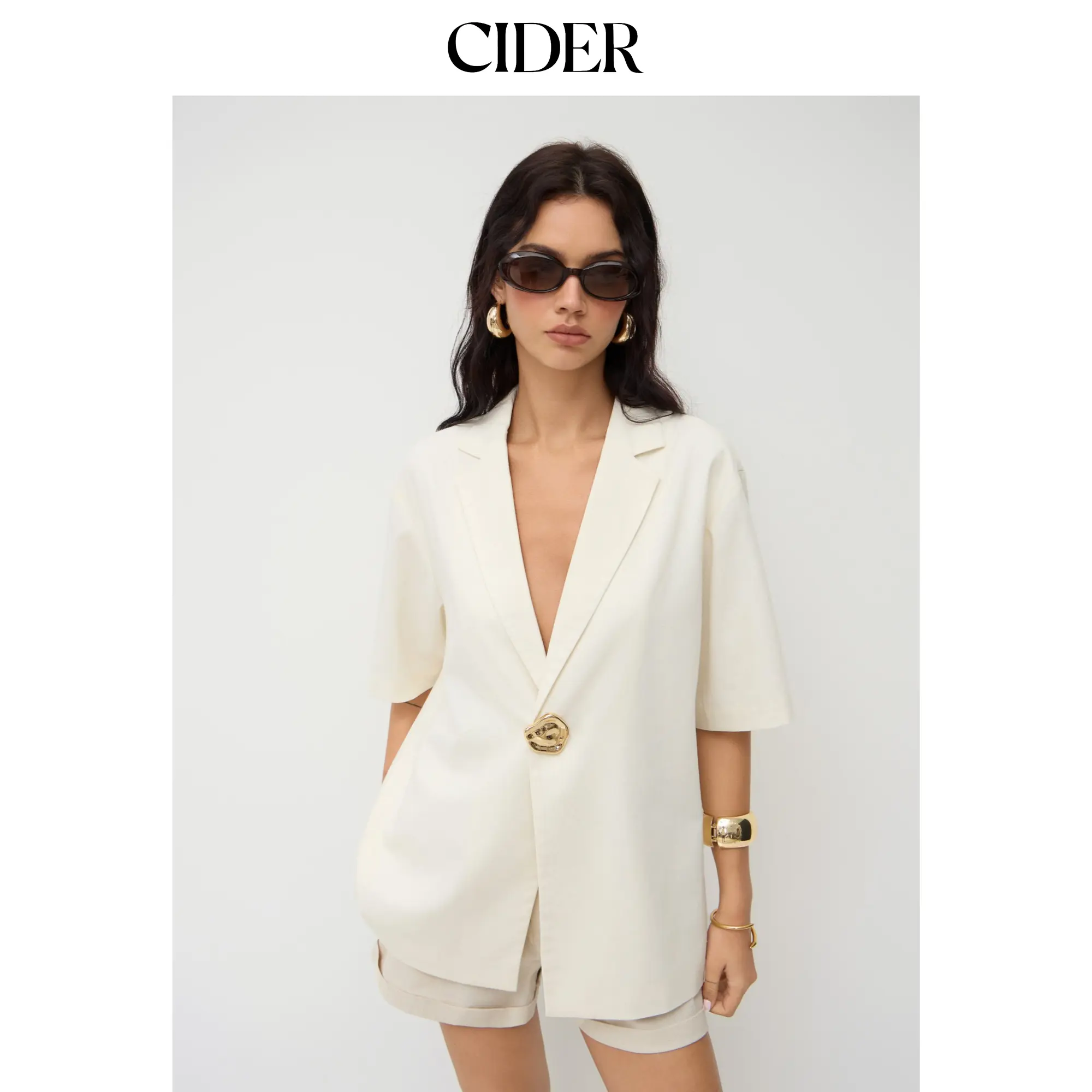 Cider Linen-blend Collar Metal Button Oversized Blazer