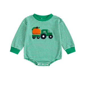 Ma&Baby Newborn Baby Boy Halloween Outfit Pumpkin Tractor Embroidery Striped Bubble Romper Long Sleeve Waffle Knit Bodysuit